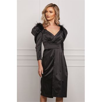 Rochie Dy Fashion neagra eleganta cu pene la umeri la reducere