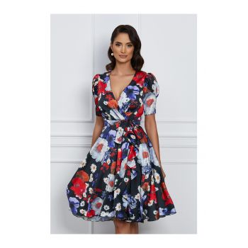 Rochie MBG neagra cu imprimeu floral si cordon in talie