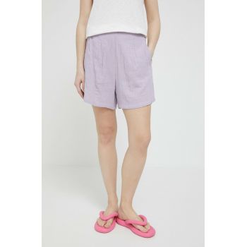 Roxy pantaloni scurti din bumbac culoarea roz, neted, medium waist ieftini