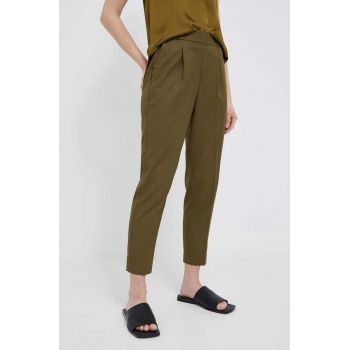 Sisley pantaloni femei, culoarea verde, fason chinos, high waist