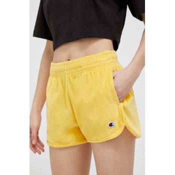 Champion pantaloni scurti femei, culoarea galben, neted, high waist