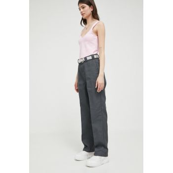 Dickies pantaloni femei, culoarea gri, drept, high waist