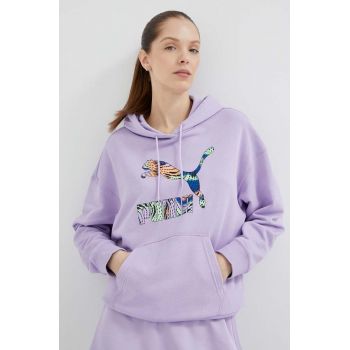Puma bluza femei, culoarea violet, cu glugă, cu imprimeu