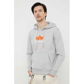 Alpha Industries bluză bărbați, culoarea gri, cu glugă, cu imprimeu