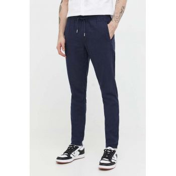 Solid pantaloni din in culoarea albastru marin, drept de firma originali