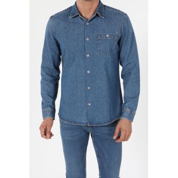 Camasa slim fit din denim cu buzunar pe piept