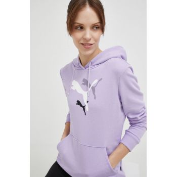 Puma bluză trening culoarea violet, cu glugă, cu imprimeu