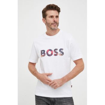 BOSS tricou din bumbac BOSS ORANGE culoarea alb, cu imprimeu