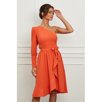 Rochie Moze orange cu umarul gol si volan pe fusta ieftina