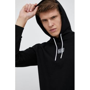 EA7 Emporio Armani hanorac de bumbac barbati, culoarea negru, cu glugă, cu imprimeu