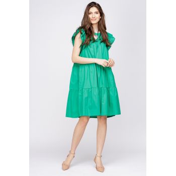 Rochie din poplin de bumbac cu trei volane, verde