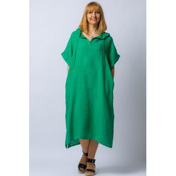 Rochie verde cu gluga, din in