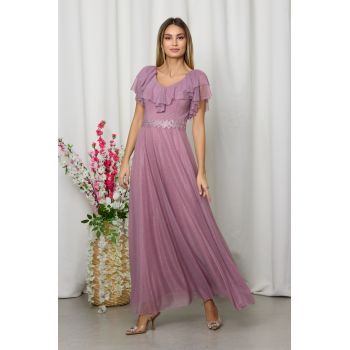 Rochie de ocazie din voal cu glitter si decolteu cu volane Cinderella Rose