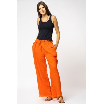 Pantaloni portocalii de vara, largi, din in, cu franjuri mici