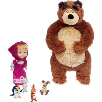 Set Simba Masha and the Bear Masha 12 cm cu ursulet de plus 25 cm si 4 animale la reducere