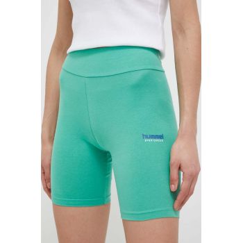 Hummel pantaloni scurti femei, culoarea verde, cu imprimeu, high waist