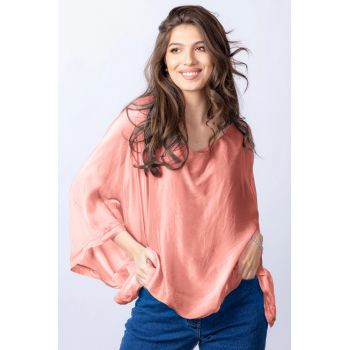 Bluza roz somon din matase naturala cu maneca fluture