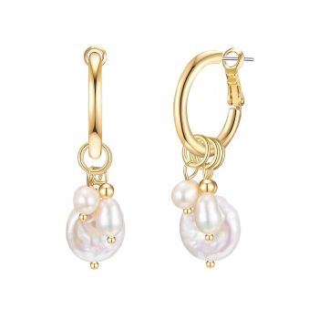 Cercei rotunzi placati cu aur de 14K si decorati cu perle