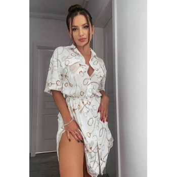 Rochie Asimetrica Tip Camasa, din Voal, cu Fusta Dublata, Fara Centura, Luxury, Ivoire, cu Imprimeu