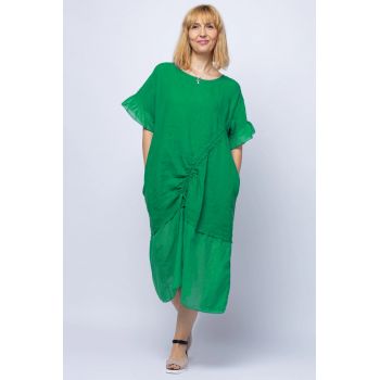 Rochie casual verde din in, cu siret oblic si volan la maneci ieftina