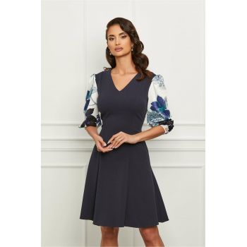 Rochie Dy Fashion bleumarin cu maneci din satin
