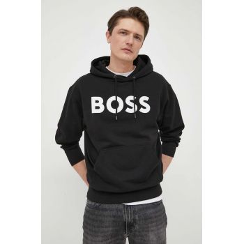 BOSS hanorac de bumbac BOSS ORANGE barbati, culoarea negru, cu glugă, cu imprimeu