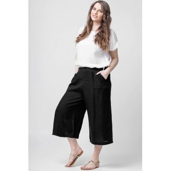 Pantaloni 3 4 largi din in, negru