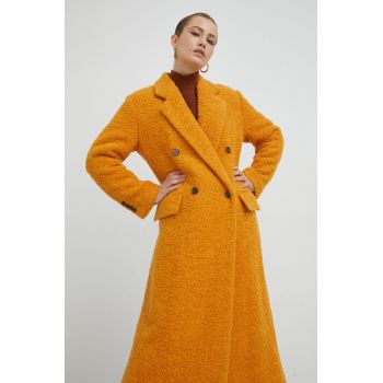BOSS palton de lana culoarea galben, de tranzitie, oversize