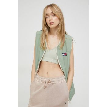 Tommy Jeans vesta cu doua fete femei, culoarea verde, de tranzitie
