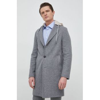BOSS palton din lana culoarea gri, de tranzitie, oversize