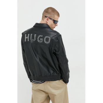 HUGO geaca de piele barbati, culoarea negru, de tranzitie