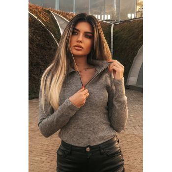 Bluza de Dama , din Pulover, cu Guler si Inchidere cu Fermoar, Yaroq, Gri