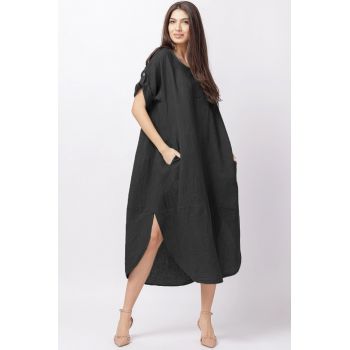 Rochie lalea oversize din in cu buzunare si crapaturi laterale rotunjite, gri