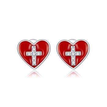 Cercei din argint Cross Red Heart