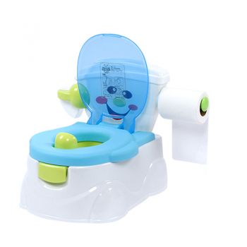 Olita pentru copii Little Mom Smiley Potty Blue, educationala 3 in 1, design realist, cu suport pentru hartia igienica, cu vas colector detasabil si Buton de tras apa, dimensiune 42 x 30 x 36 cm