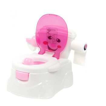 Olita pentru copii Little Mom Smiley Potty Pink, educationala 3 in 1, design realist, cu suport pentru hartia igienica, cu vas colector detasabil si Buton de tras apa, dimensiune 42 x 30 x 36 cm