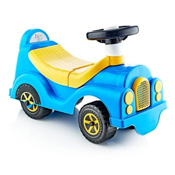 Masinuta pentru copii fara pedale Classy Blue de la 12 luni, stil classic, volan cu claxon, spatiu de depozitare sub scaun
