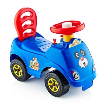 Ride-On pentru copii fara pedale First Ride Blue recomandat copiilor de la 12 luni, spatar cu functie de impingere, spatiu de depozitare jucarii sub scaun