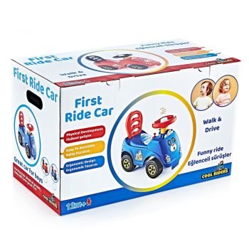 Ride-On pentru copii fara pedale First Ride Red recomandat copiilor de la 12 luni, spatar cu functie de impingere, spatiu de depozitare jucarii sub scaun