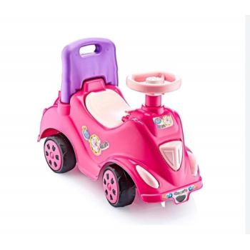 Masinuta copii Ride-On fara pedale First Step Car Pink de la 12 luni, spatar cu functie de impingere, spatiu de depozitare sub scaun, volan cu claxon