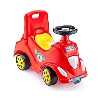 Masinuta copii Ride-On fara pedale First Step Car Red de la 12 luni, spatar cu functie de impingere, spatiu de depozitare sub scaun, volan cu claxon