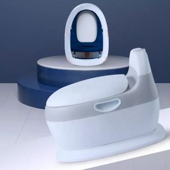Olita pentru copii Little Mom Grey Toilet, model educativ si muzical, cu design realist, colac moale din spuma PU, capac rabatabil si vas colector detasabil, dimensiune 40 x 28 x 30 cm