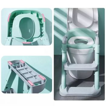 Reductor toaleta pentru copii Little Mom Grow Up Green, pliabil, cu manere ergonomice si treapta reglabila pe 2 nivele de inaltime, colac moale din spuma PU, design anti-stropire, compatibilitate universala