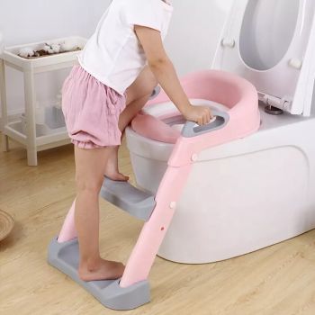 Reductor toaleta pentru copii Little Mom Grow Up Pink, pliabil, cu manere ergonomice si treapta reglabila pe 2 nivele de inaltime, colac moale din spuma PU, design anti-stropire, compatibilitate universala