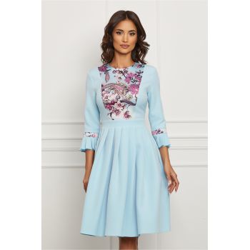 Rochie Dy Fashion bleu cu imprimeu pe bust si pliuri pe fusta