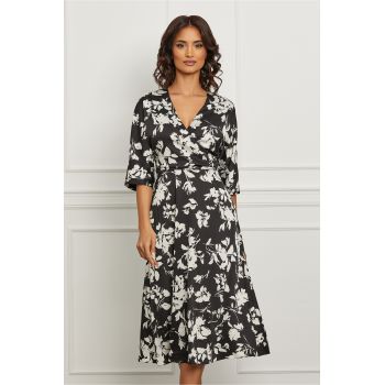 Rochie Ginette neagra cu imprimeu floral alb la reducere