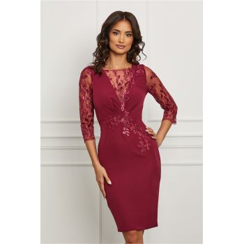 Rochie MBG bordo cu broderie pe maneci si bust