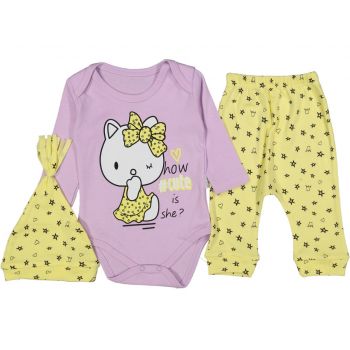 Body, pantalon si caciulita, pentru bebelusi, Hello Kitty, mov-galben, 6-9 luni