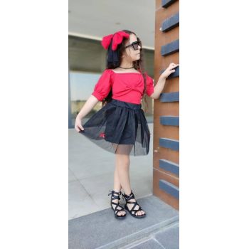 Compleu 2 piese fusta si tricou pentru fetite, Rosu, 3-12 ani Compleu 2 piese fusta si tricou pentru fetite, Rosu, 3-12 ani