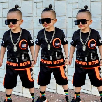 Compleu 2 piese Power Boys, 100% Bumbac Negru, 3-10 ani Compleu 2 piese Power Boys, 100% Bumbac Negru, 3-10 ani